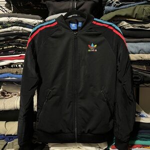 Adidas Men's Black Bomber Jacket with Colorful Stripes